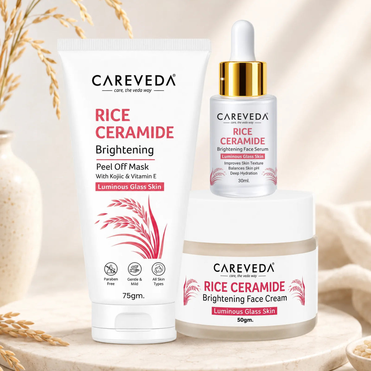 CareVeda Korean Glass Skin 3-Step Skincare Combo | Face Cream, Face Serum & Peel Off Mask | Rice Ceramide Daily Glow Routine