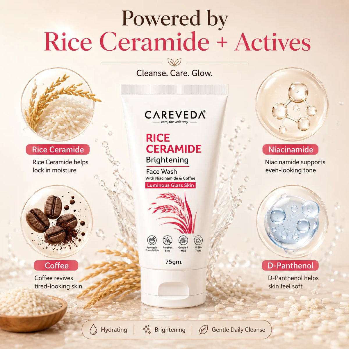 CareVeda Korean Glass Skin 5-Step Skincare Combo | Face Wash, Face Serum, Face Cream, Face Toner & Peel Off Mask | Rice Ceramide Daily Glow Routine