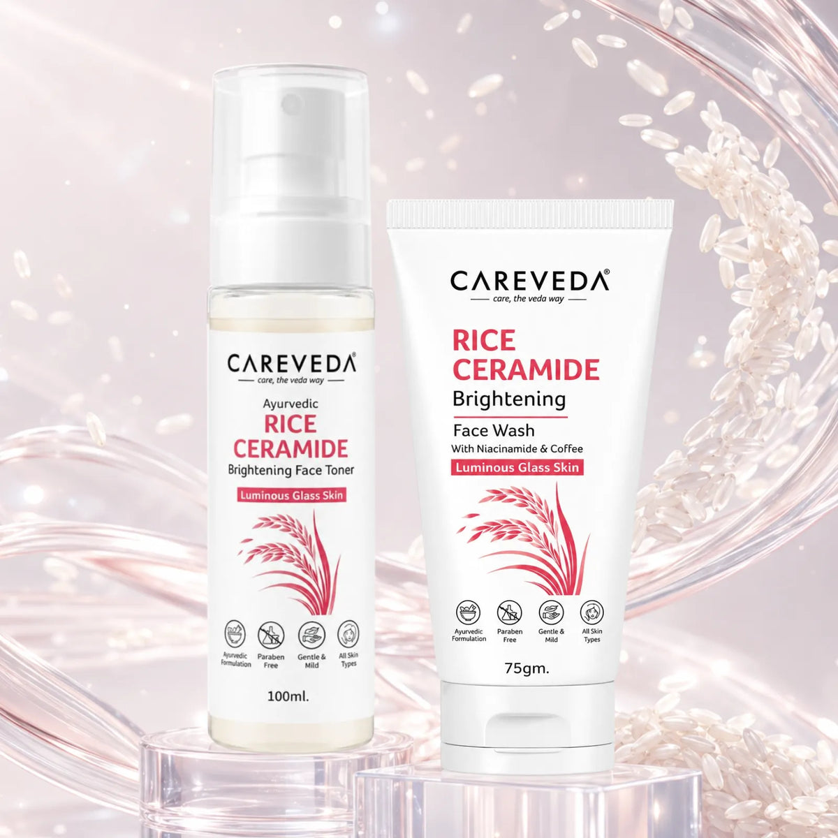 CareVeda Korean Glass Skin 2-Step Skincare Combo | Face Wash & Face Toner | Rice Ceramide Daily Glow Routine