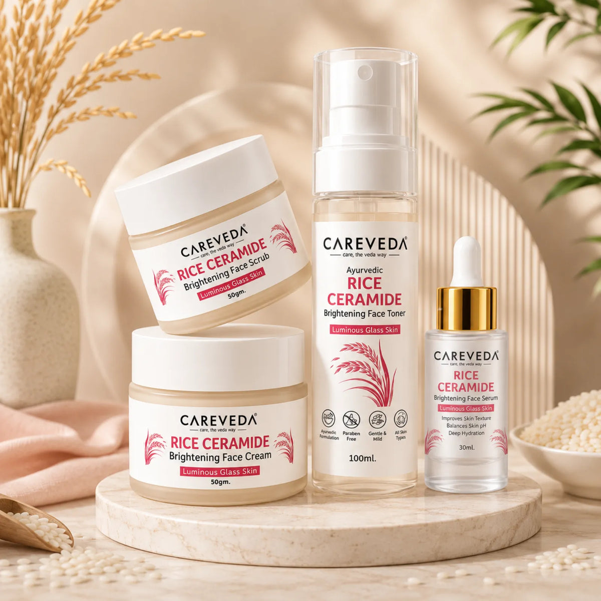 CareVeda Korean Glass Skin 4-Step Skincare Combo | Face Scrub, Face Serum, Face Cream & Face Toner | Rice Ceramide Daily Glow Routine