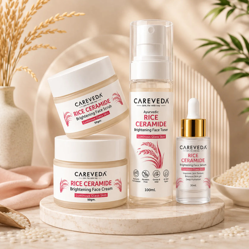 CareVeda Korean Glass Skin 4-Step Skincare Combo | Face Scrub, Face Serum, Face Cream & Face Toner | Rice Ceramide Daily Glow Routine