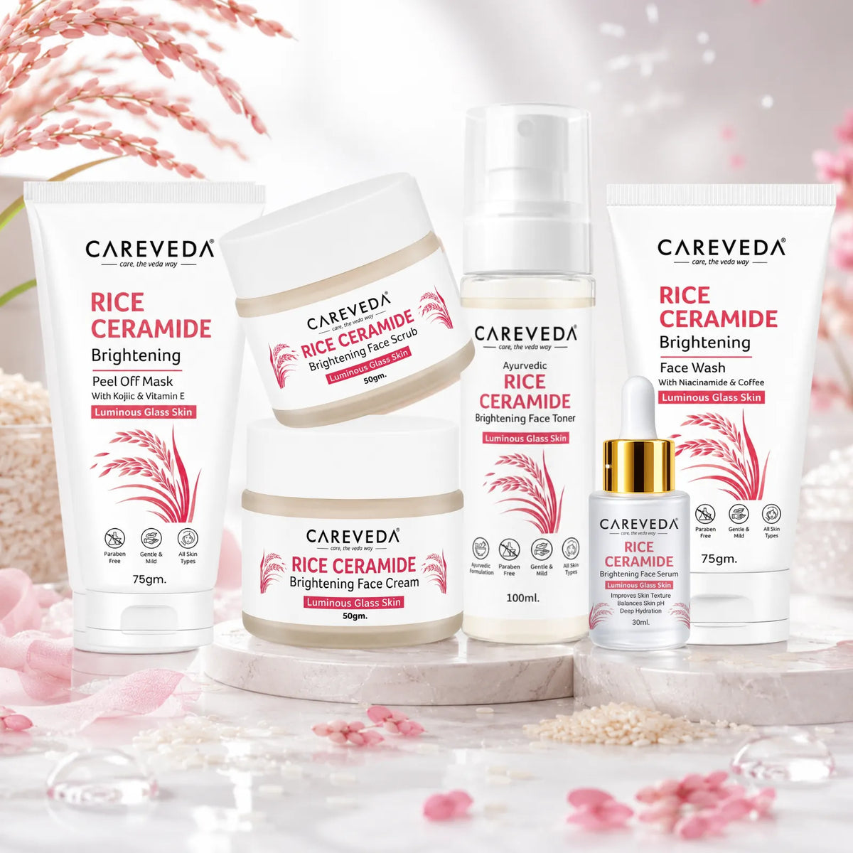 CareVeda Korean Glass Skin Complete Skincare Kit | Face Wash, Face Scrub, Face Cream, Face Serum, Toner & Peel-Off Mask | 6-Step Glow Routine