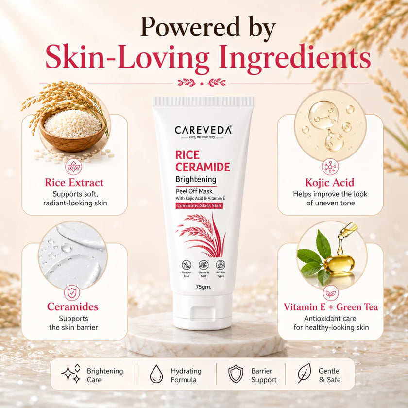 CareVeda Korean Glass Skin 5-Step Skincare Combo | Face Wash, Face Scrub, Face Serum, Face Toner & Peel Off Mask | Rice Ceramide Daily Glow Routine