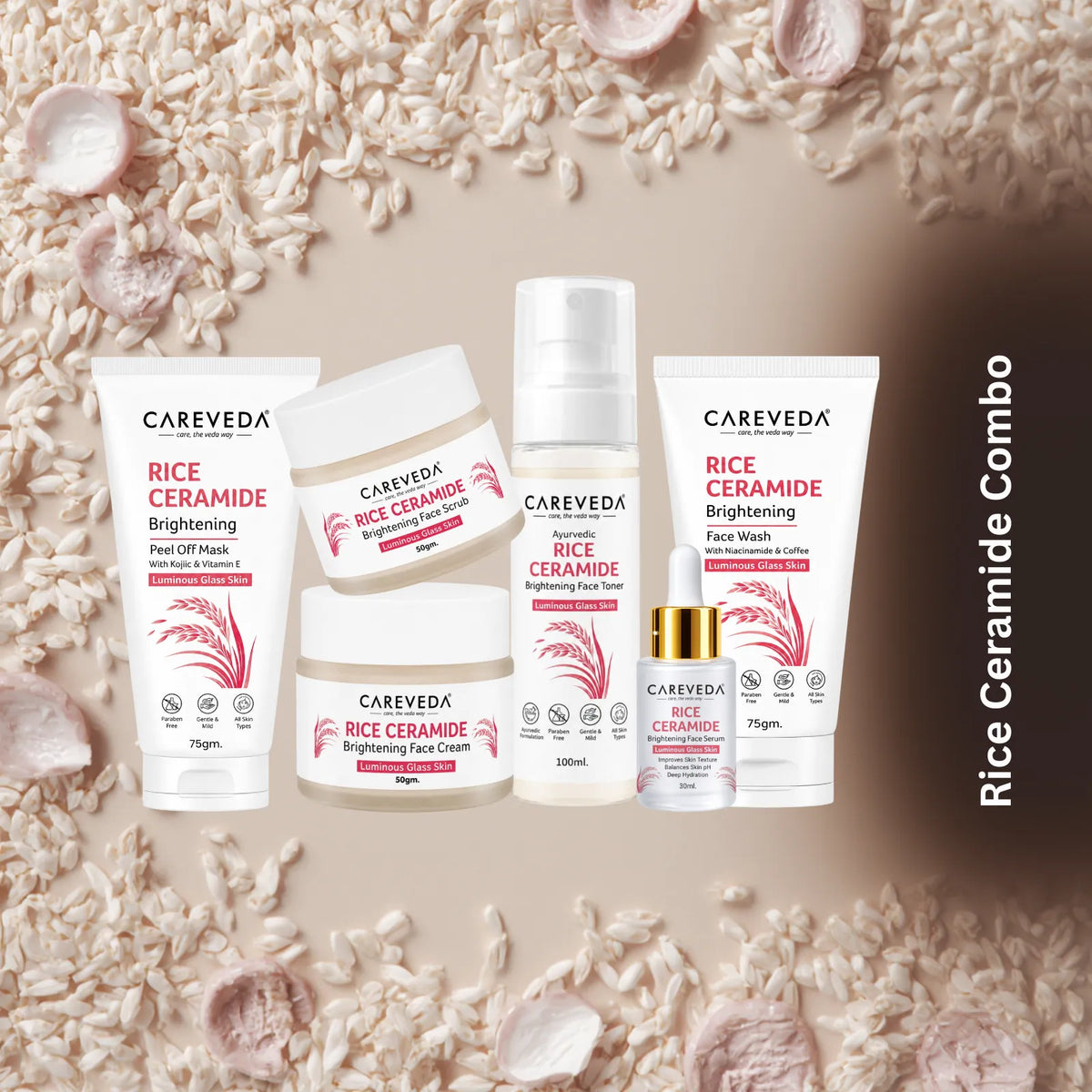 Careveda Rice Ceramide Brightening Skincare Gift Box | Complete Luminous Glass Skin Care Set with Face Wash, Peel Off Mask, Scrub, Cream & Serum, Toner - Set of 6