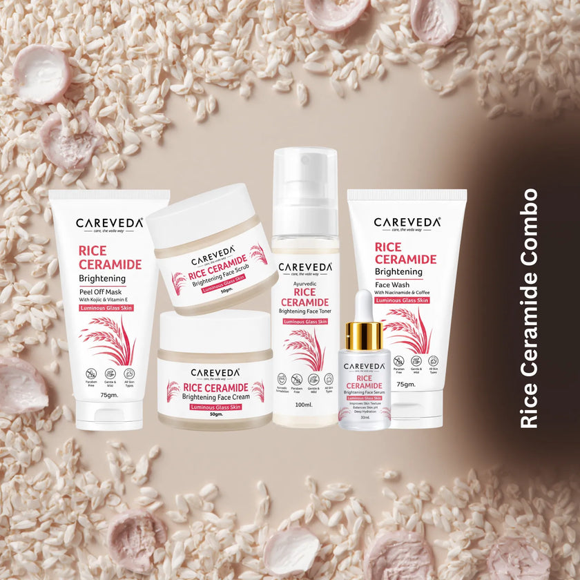 Careveda Rice Ceramide Brightening Skincare Gift Box | Complete Luminous Glass Skin Care Set with Face Wash, Peel Off Mask, Scrub, Cream & Serum, Toner - Set of 6