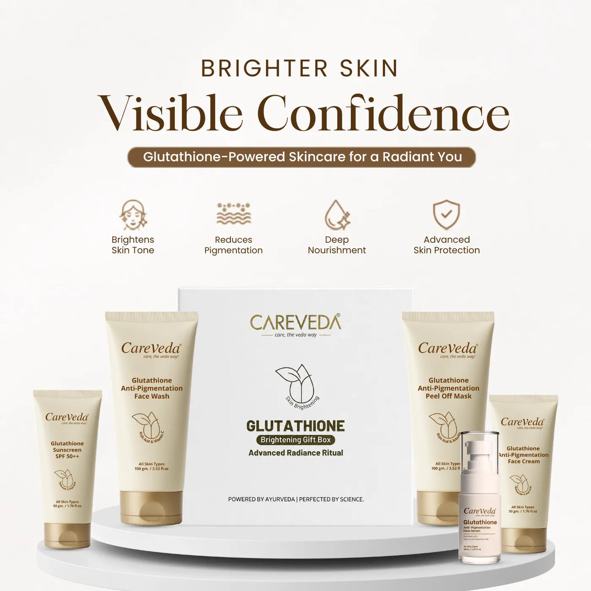 Careveda Glutathione Anti-Pigmentation & Anti-Ageing Skincare Gift Box | Brightening Face Care Set with Face Wash, Face Cream, Serum, Sunscreen & Peel Off Mask - Set of 5