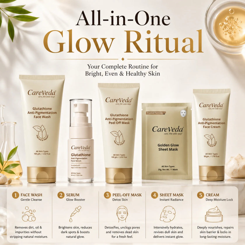 Careveda Glutathione Anti-Pigmentation & Anti-Ageing Skincare Gift Box | Brightening Face Care Set with Face Wash, Face Cream, Serum, Sunscreen, Sheet Mask & Peel Off Mask - Set of 6