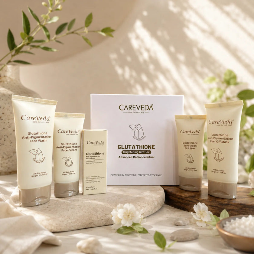 Careveda Glutathione Anti-Pigmentation & Anti-Ageing Skincare Gift Box | Brightening Face Care Set with Face Wash, Face Cream, Serum, Sunscreen & Peel Off Mask - Set of 5