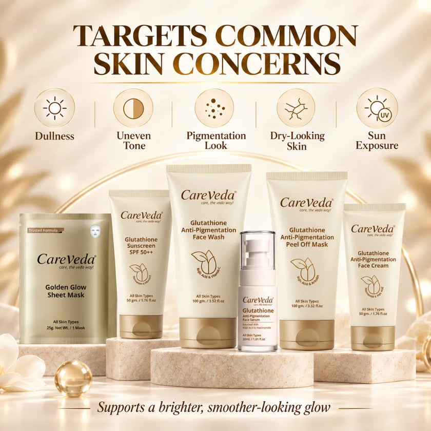 Careveda Glutathione Anti-Pigmentation & Anti-Ageing Skincare Gift Box | Brightening Face Care Set with Face Wash, Face Cream, Serum, Sunscreen, Sheet Mask & Peel Off Mask - Set of 6