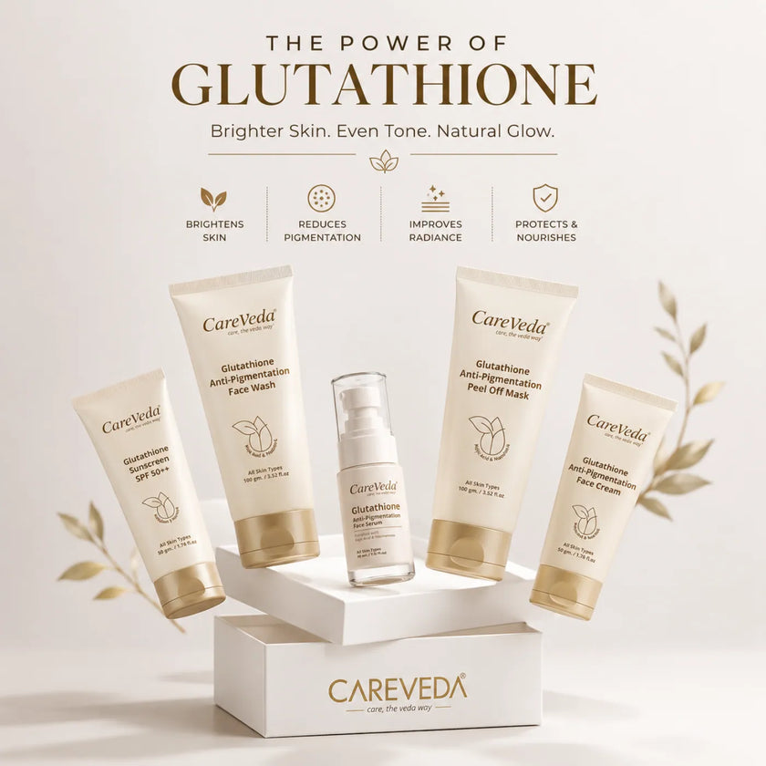 Careveda Glutathione Anti-Pigmentation & Anti-Ageing Skincare Gift Box | Brightening Face Care Set with Face Wash, Face Cream, Serum, Sunscreen & Peel Off Mask - Set of 5