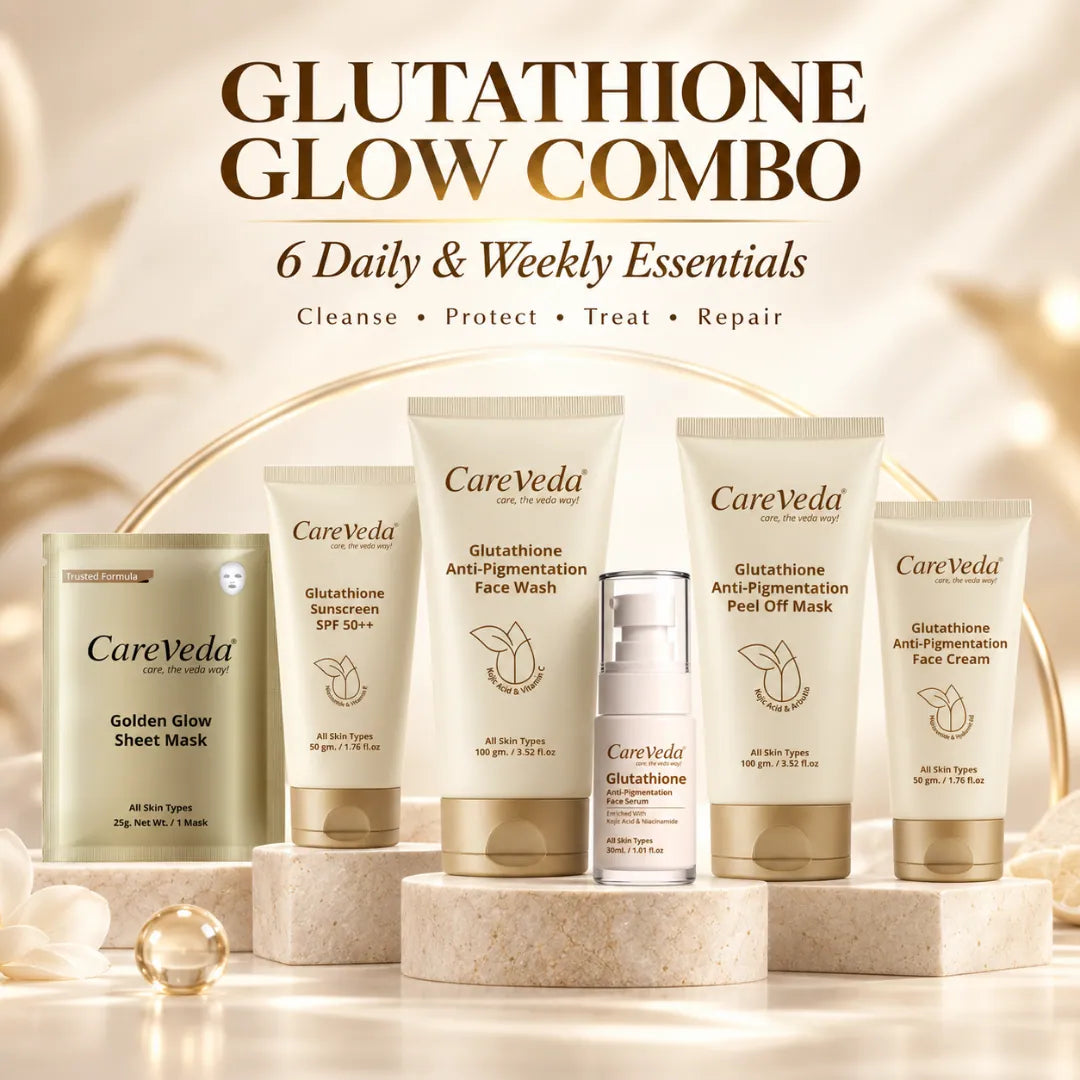 Careveda Glutathione Anti-Pigmentation & Anti-Ageing Skincare Gift Box | Brightening Face Care Set with Face Wash, Face Cream, Serum, Sunscreen, Sheet Mask & Peel Off Mask - Set of 6