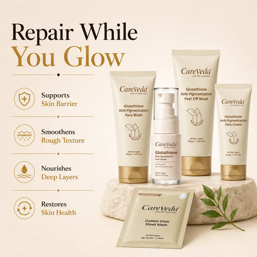 Careveda Glutathione Anti-Pigmentation & Anti-Ageing Skincare Gift Box | Brightening Face Care Set with Face Wash, Face Cream, Serum, Sunscreen, Sheet Mask & Peel Off Mask - Set of 6