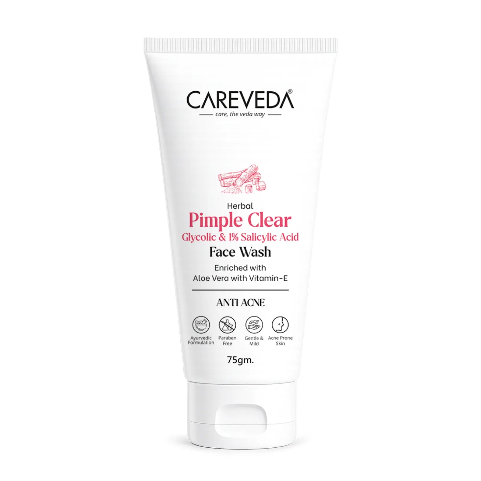 CareVeda Herbal Pimple Clear Face Wash with 1% Salicylic & Glycolic Acid - 75gm