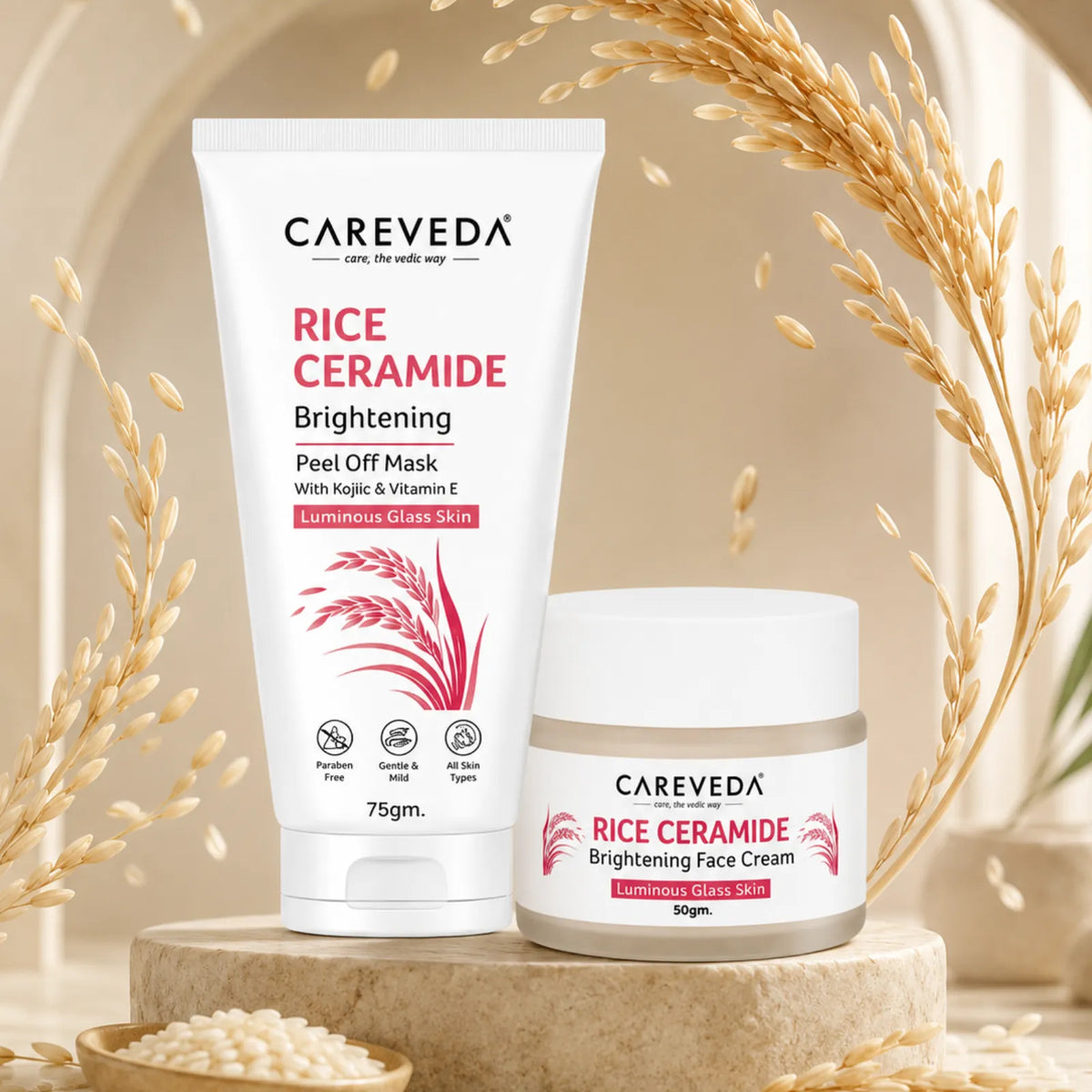 CareVeda Rice Ceramide Glass Skin Care Duo | Face Cream + Peel Off Mask | Deep Hydration & Skin Purifying Care