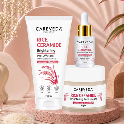 CareVeda Korean Glass Skin 3-Step Skincare Combo | Face Cream, Face Serum & Peel Off Mask | Rice Ceramide Daily Glow Routine