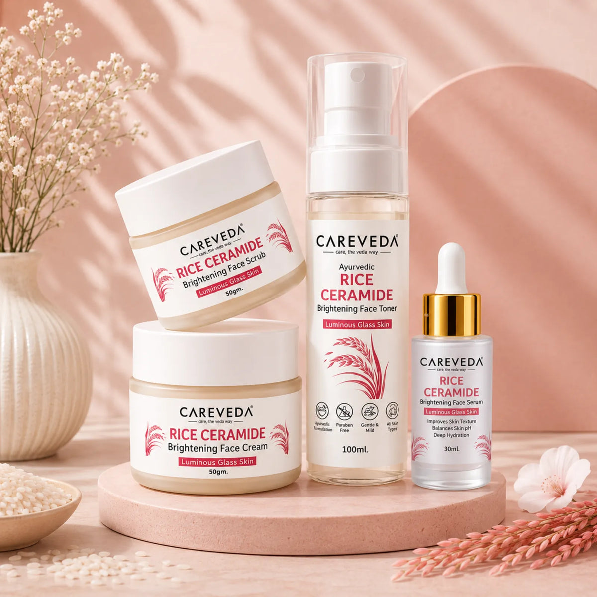 CareVeda Korean Glass Skin 4-Step Skincare Combo | Face Scrub, Face Serum, Face Cream & Face Toner | Rice Ceramide Daily Glow Routine