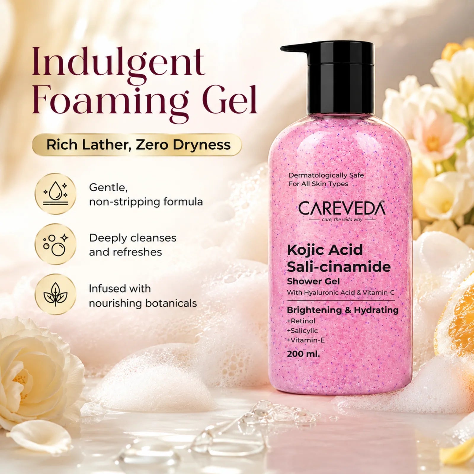 Careveda Advanced Ayurvedic Formula Brightening & Hydrating Kojic Acid Sali-cinamide Shower Gel (200ml)