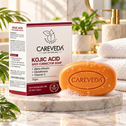CareVeda Kojic Acid Spot Corrector Soap | Formulated with Alpha Arbutin, Glutathione & Vitamin C | For Dark Spots, Pigmentation, Acne Marks & Uneven Skin Tone | Dermatologically Safe for All Skin Types - 75g
