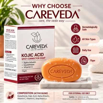 CareVeda Kojic Acid Spot Corrector Soap | Formulated with Alpha Arbutin, Glutathione & Vitamin C | For Dark Spots, Pigmentation, Acne Marks & Uneven Skin Tone | Dermatologically Safe for All Skin Types - 75g