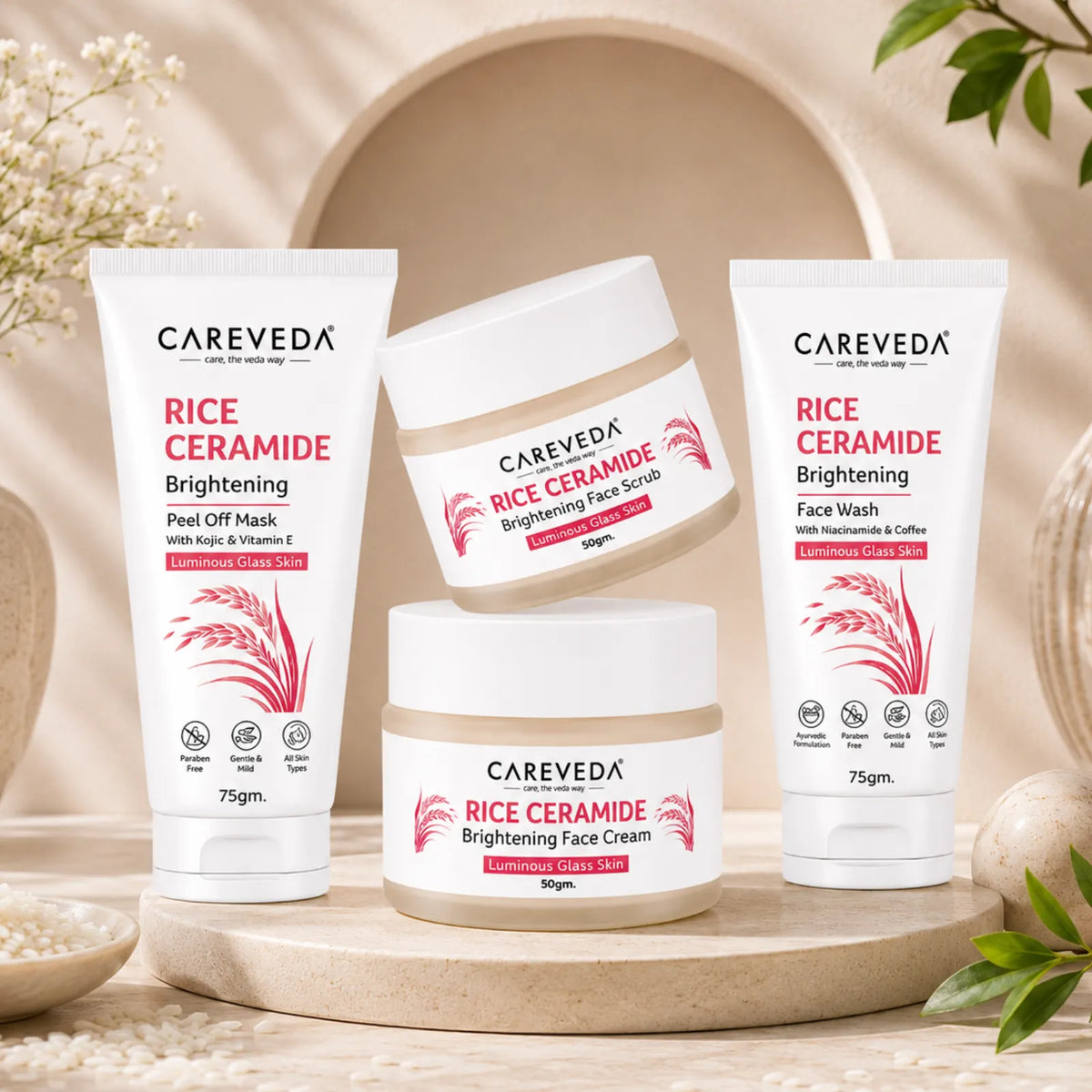 CareVeda Korean Glass Skin 4-Step Skincare Combo | Face Wash, Face Scrub, Face Cream & Peel Off Mask | Rice Ceramide Daily Glow Routine