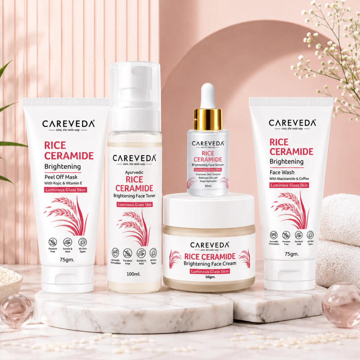 CareVeda Korean Glass Skin 5-Step Skincare Combo | Face Wash, Face Serum, Face Cream, Face Toner & Peel Off Mask | Rice Ceramide Daily Glow Routine