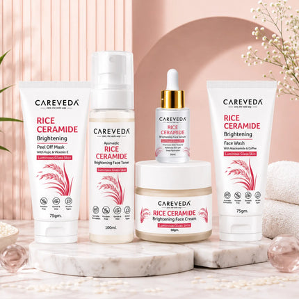 CareVeda Korean Glass Skin 5-Step Skincare Combo | Face Wash, Face Serum, Face Cream, Face Toner & Peel Off Mask | Rice Ceramide Daily Glow Routine
