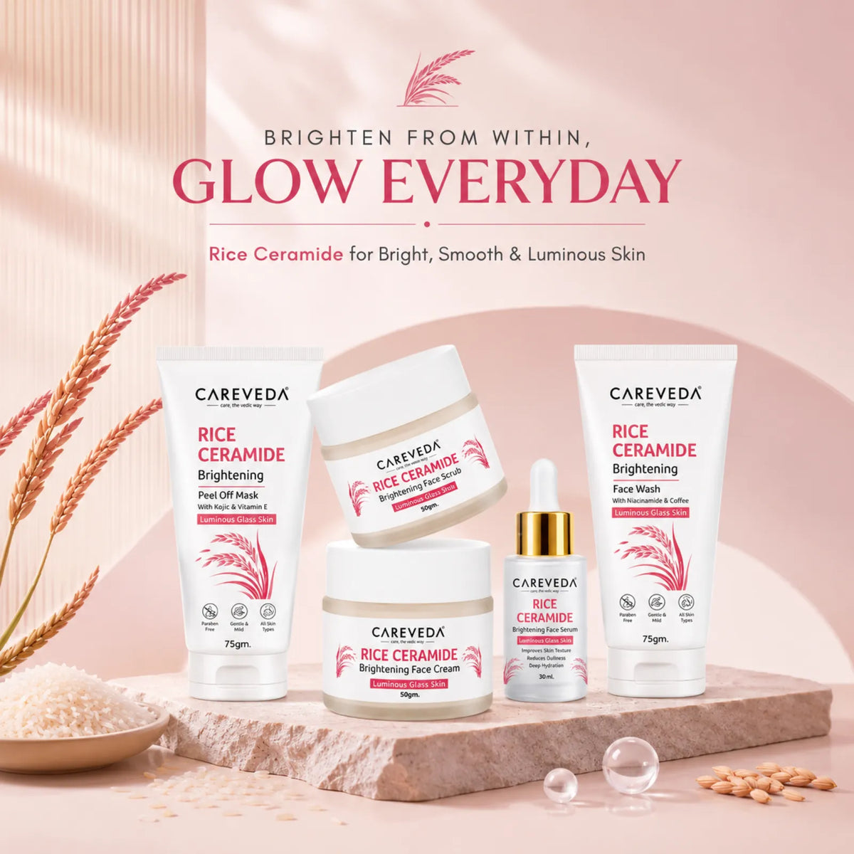 CareVeda Korean Glass Skin 5-Step Skincare Kit | Face Wash, Scrub, Cream, Serum & Peel Off Mask