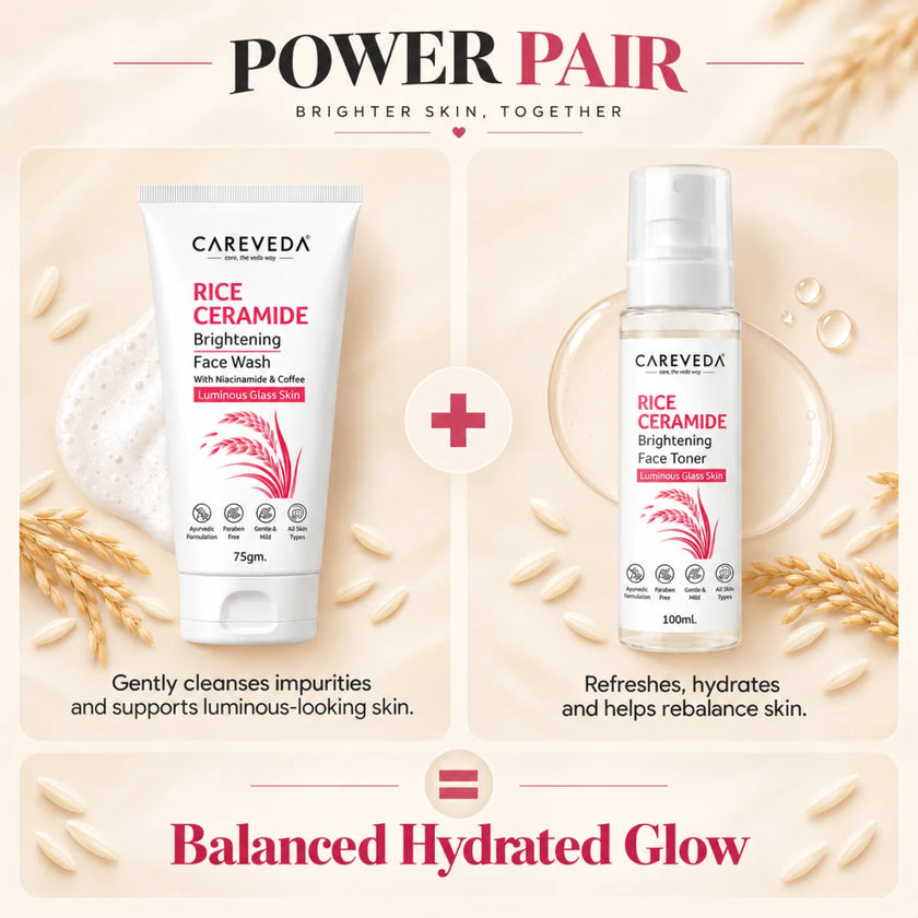 Careveda Rice Ceramide Brightening Skincare Gift Box | Complete Luminous Glass Skin Care Set with Face Wash, Peel Off Mask, Scrub, Cream & Serum, Toner - Set of 6