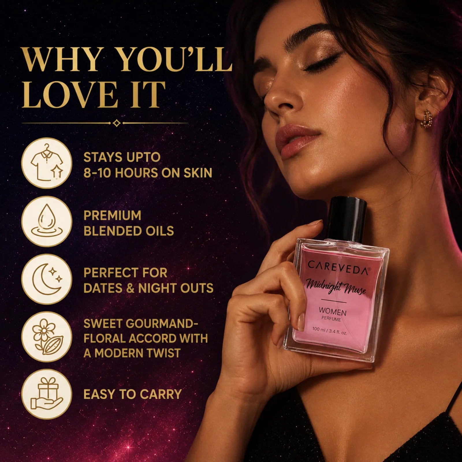 Careveda Midnight Muse Eau de Parfum | Elegant, Alluring, Cozy | Up to 8-10 Hours Long-Lasting | Eau de Parfum - 100 ml (Women)