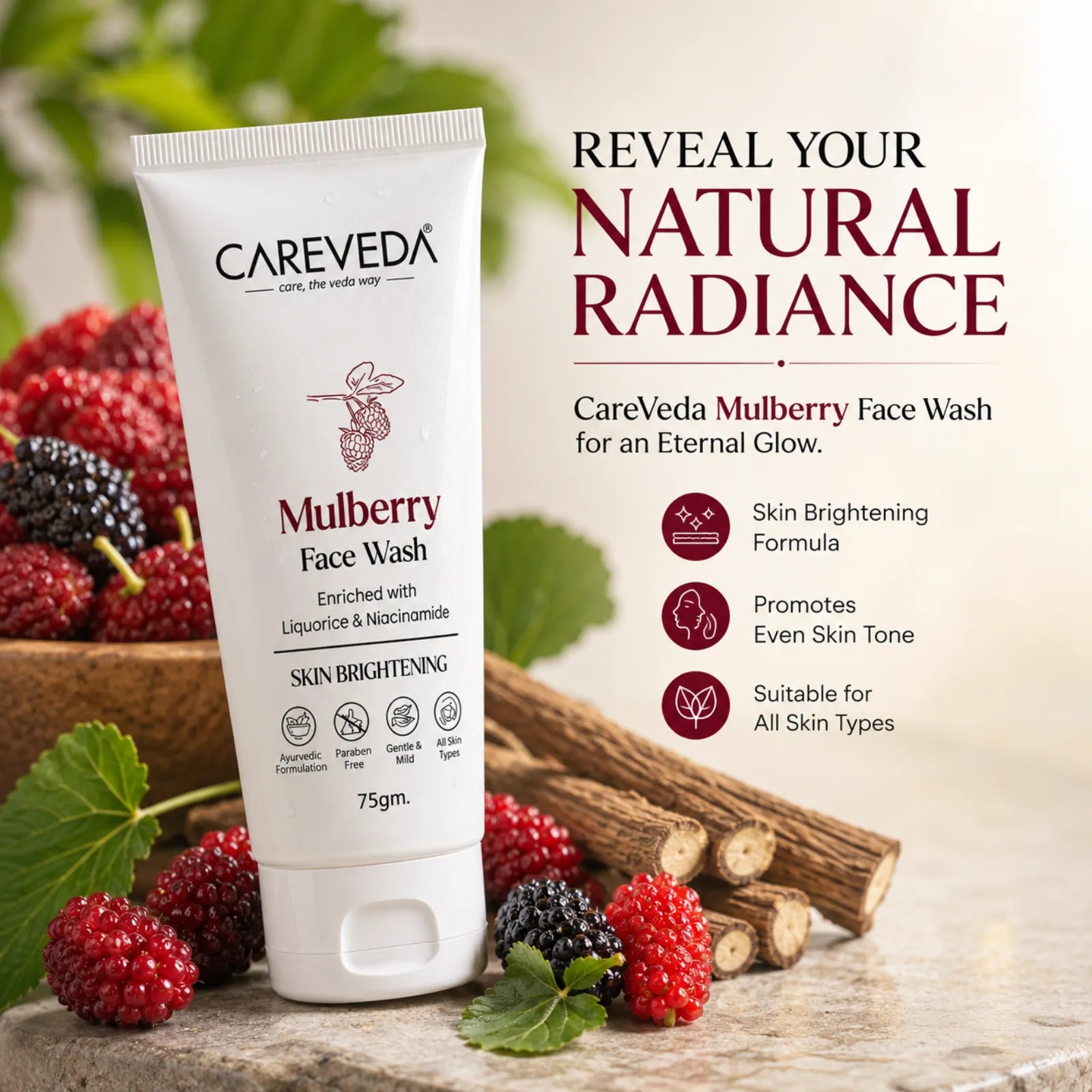 CareVeda Mulberry Face Wash with Liquorice & Niacinamide – Skin Brightening & Dark Spot Reduction (75gm)
