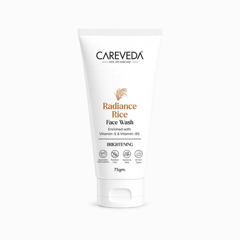 CareVeda Radiance Rice Face Wash for Glowing Skin - with Vitamin E & Vitamin B5 - Brightening & Hydrating Daily Cleanser - For All Skin Types, Paraben Free - 75gm