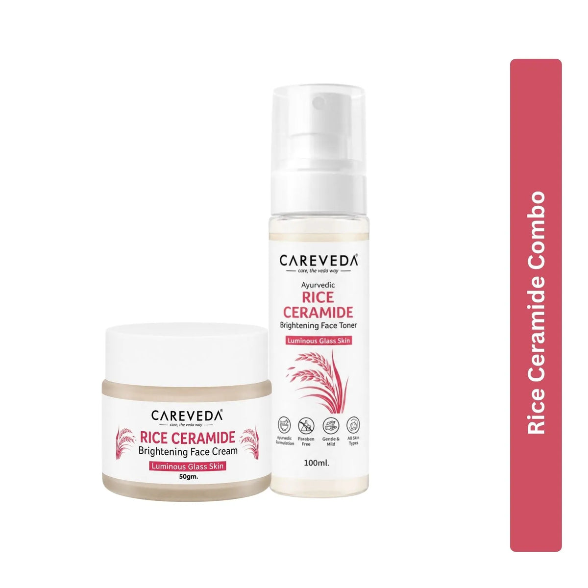 CareVeda Korean Glass Skin 2-Step Skincare Combo | Face Cream & Face Toner | Rice Ceramide Daily Glow Routine
