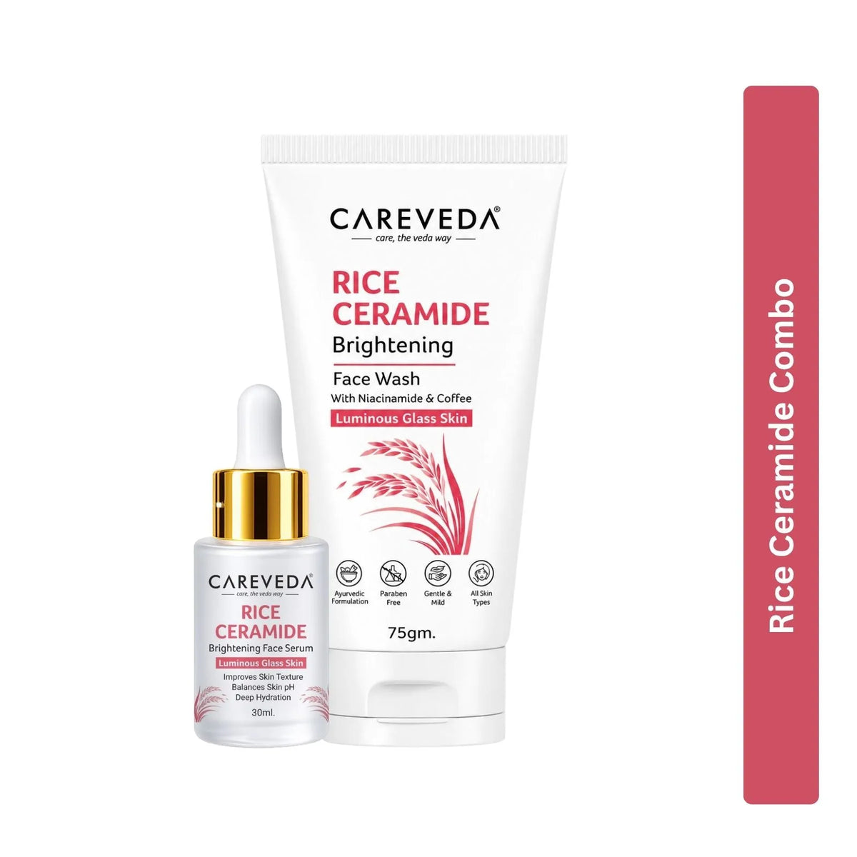 CareVeda Rice Ceramide Korean Glass Skin Skincare Kit | Face Wash + Face Serum | Hydrating & Brightening Face Care Combo