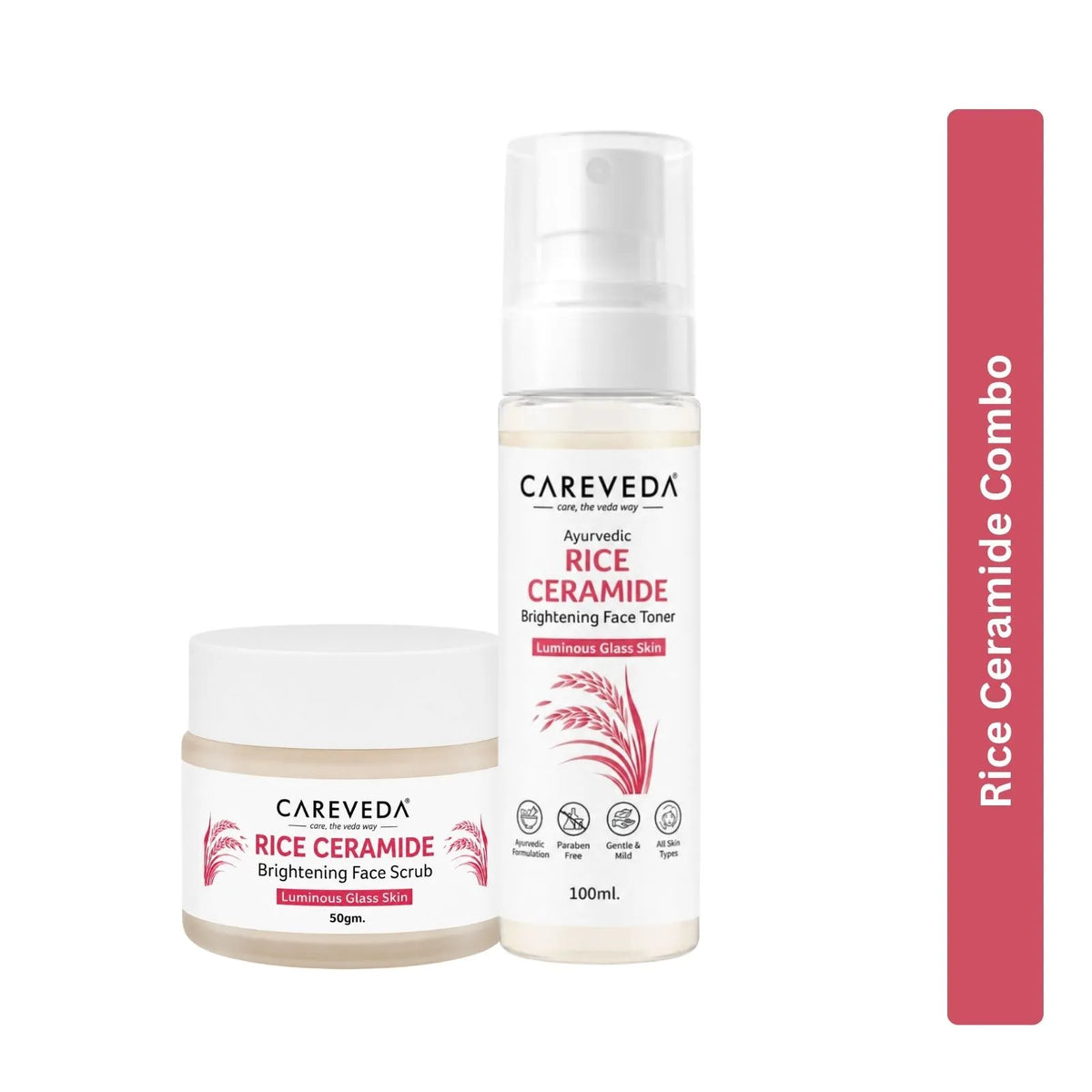 CareVeda Rice Ceramide Korean Glass Skin Skincare Kit | Face Scrub + Face Toner | Hydrating & Brightening Face Care Combo