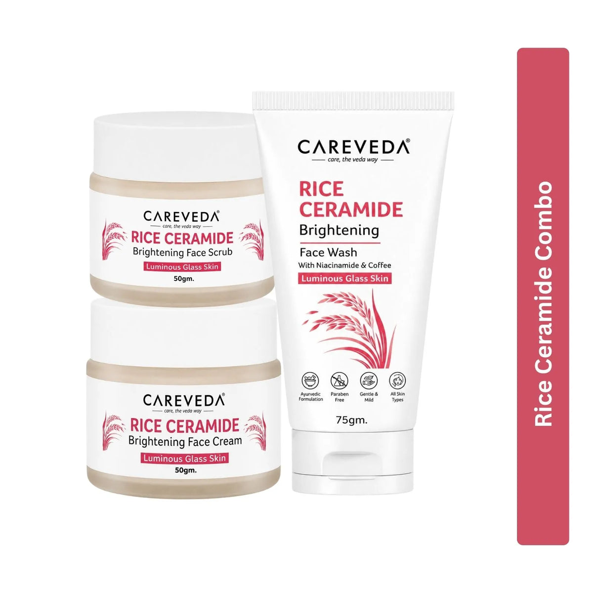 CareVeda Korean Glass Skin 3-Step Skincare Combo | Face Wash, Face Scrub & Face Cream | Rice Ceramide Daily Glow Routine