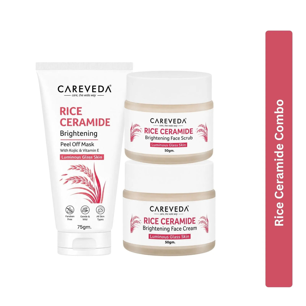 CareVeda Korean Glass Skin 3-Step Skincare Combo | Face Scrub, Face Cream & Peel Off Mask | Rice Ceramide Daily Glow Routine
