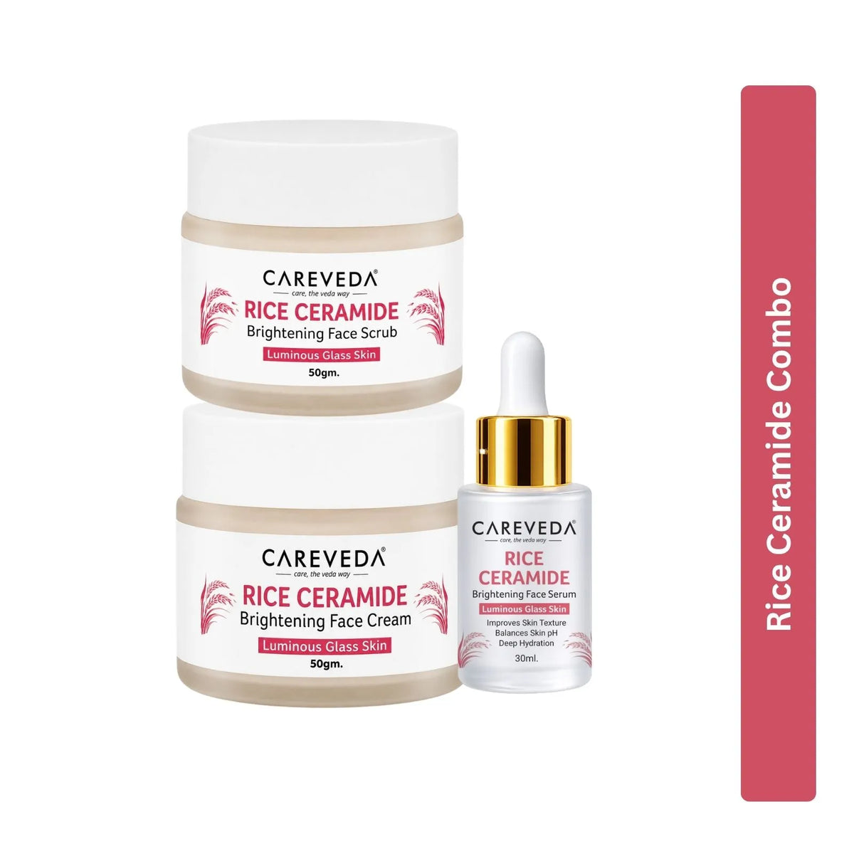 CareVeda Rice Ceramide Glass Skin Care Kit | Face Scrub + Face Serum + Face Cream | Complete Hydration & Glow Skincare Set