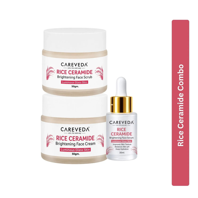 CareVeda Rice Ceramide Glass Skin Care Kit | Face Scrub + Face Serum + Face Cream | Complete Hydration & Glow Skincare Set