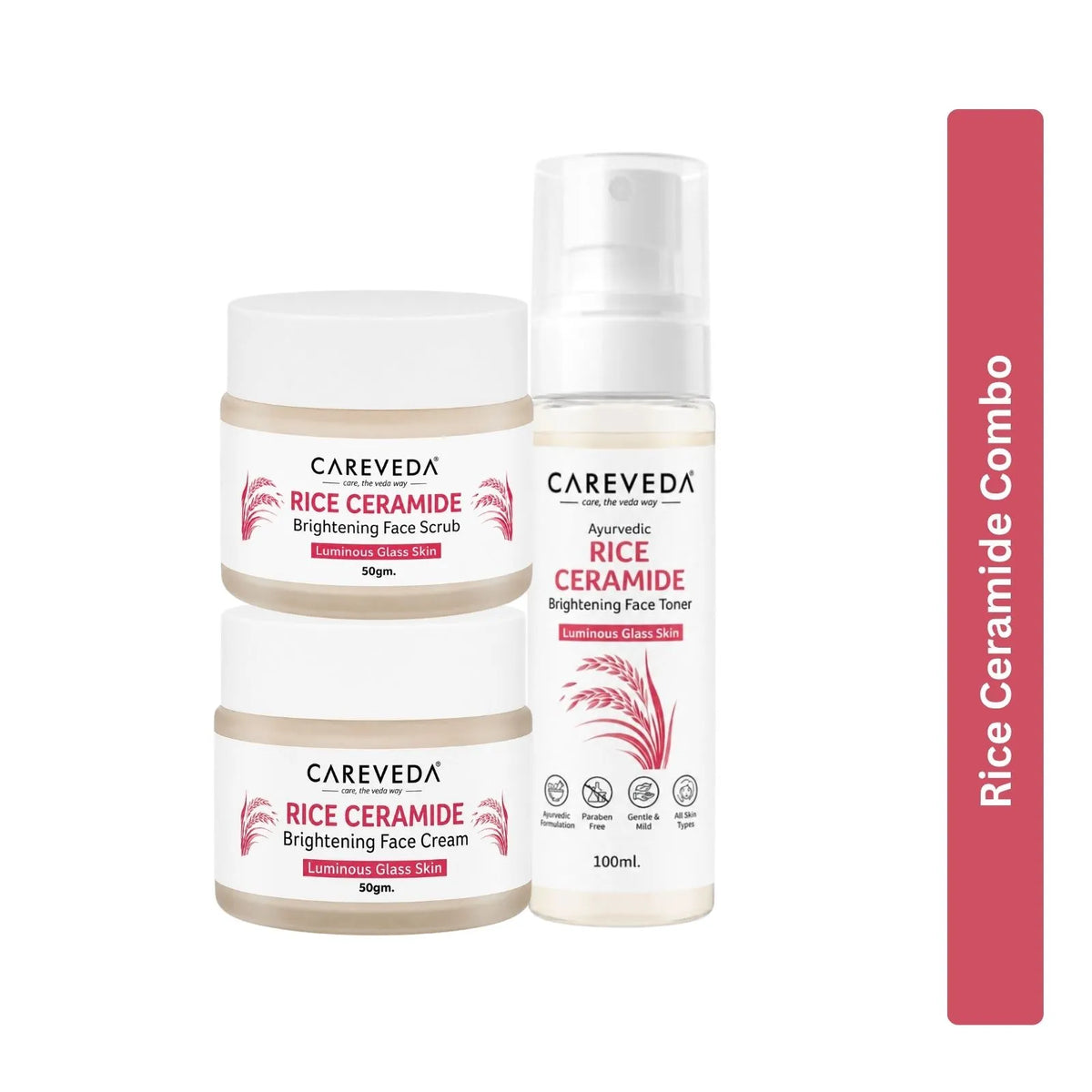 CareVeda Rice Ceramide Korean Glass Skin Skincare Kit | Face Scrub + Face Cream + Face Toner | Hydrating & Brightening Face Care Combo