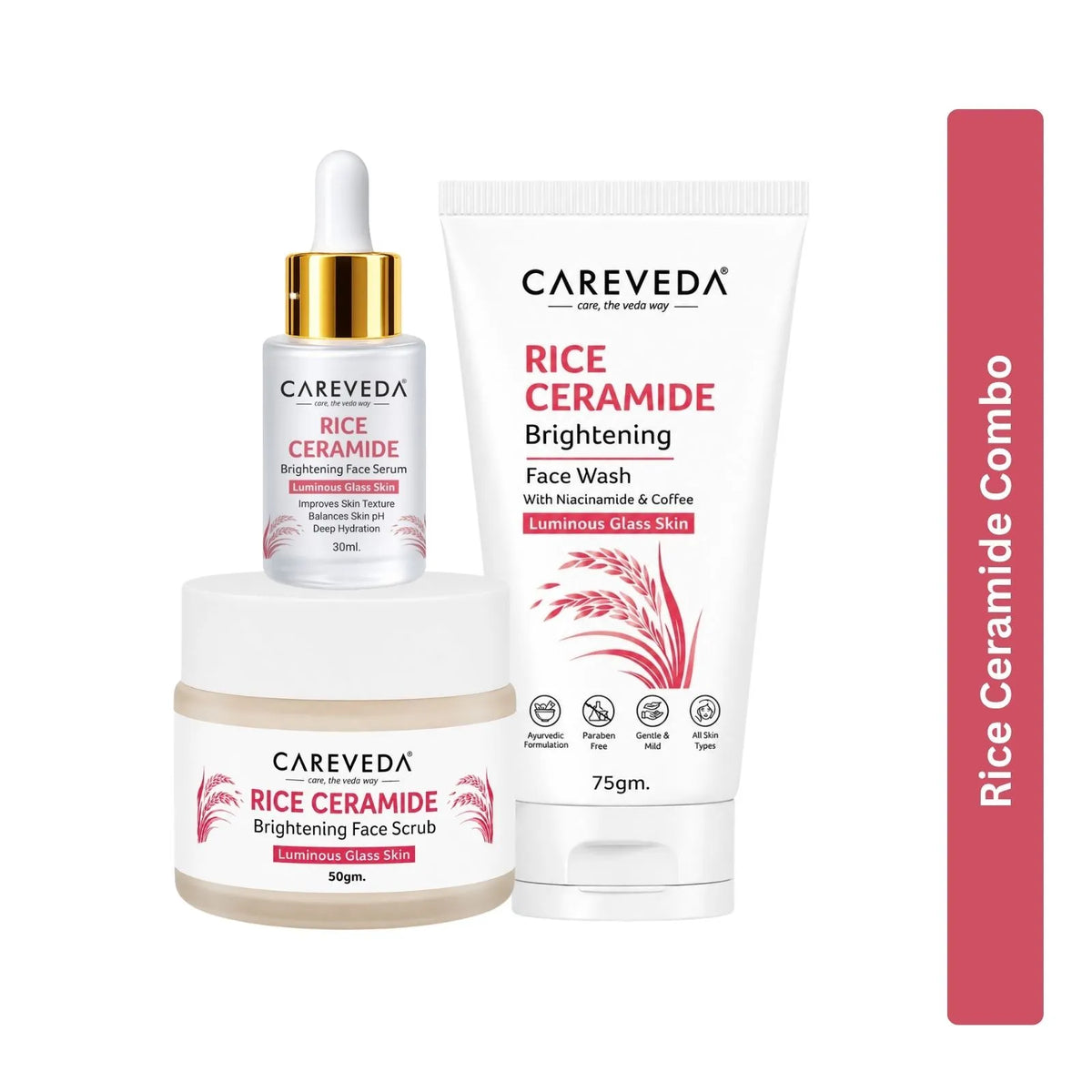 CareVeda Rice Ceramide Glass Skin Care Kit | Face Wash + Face Scrub + Face Serum | Complete Hydration & Glow Skincare Set