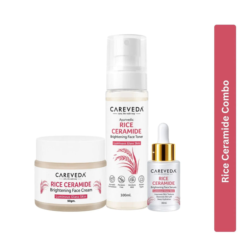 CareVeda Rice Ceramide Korean Glass Skin Skincare Kit | Face Cream + Face Serum + Face Toner | Hydrating & Brightening Face Care Combo