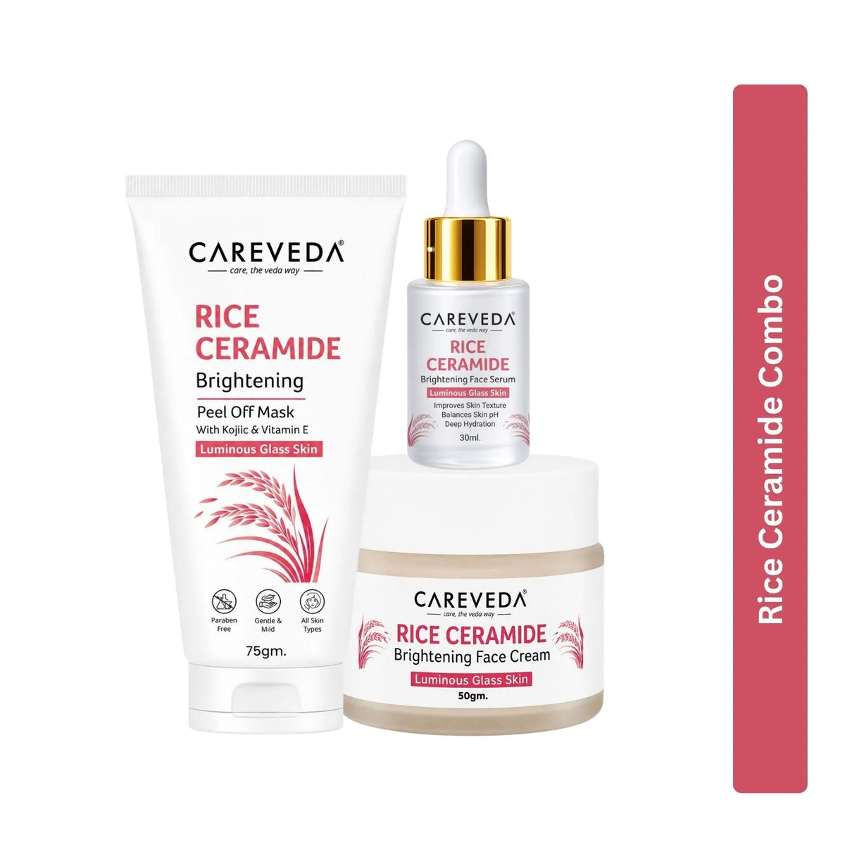 CareVeda Korean Glass Skin 3-Step Skincare Combo | Face Cream, Face Serum & Peel Off Mask | Rice Ceramide Daily Glow Routine