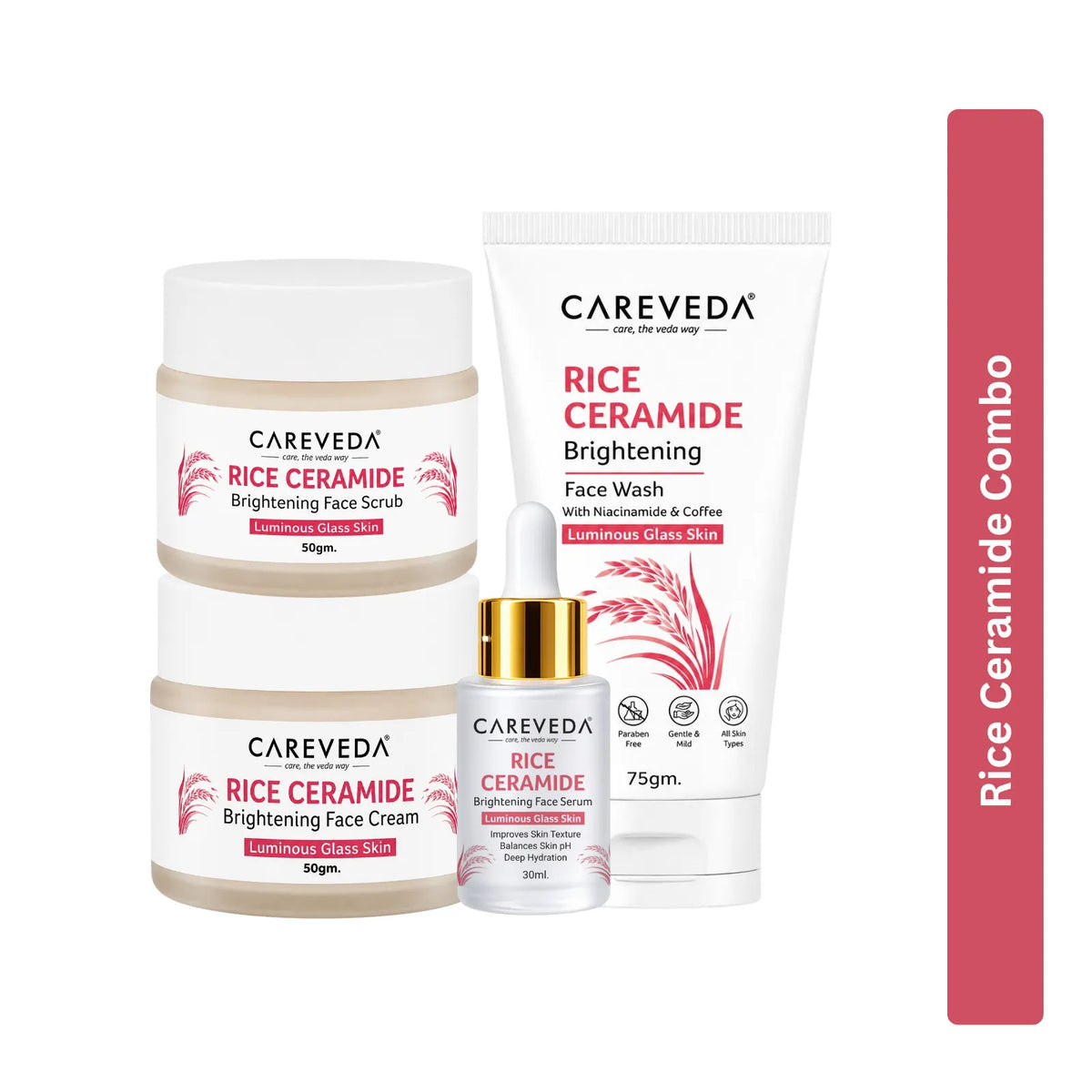 CareVeda Korean Glass Skin 4-Step Skincare Combo | Face Wash, Face Scrub, Face Serum & Face Cream | Rice Ceramide Daily Glow Routine