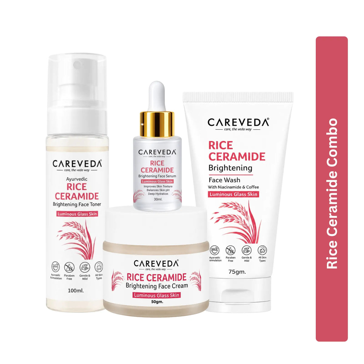 CareVeda Korean Glass Skin 4-Step Skincare Combo | Face Wash, Face Serum, Face Cream & Face Toner | Rice Ceramide Daily Glow Routine