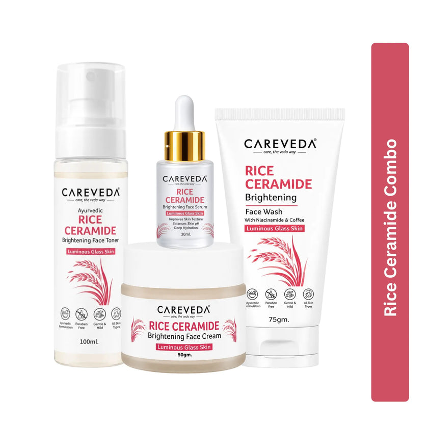 CareVeda Korean Glass Skin 4-Step Skincare Combo | Face Wash, Face Serum, Face Cream & Face Toner | Rice Ceramide Daily Glow Routine