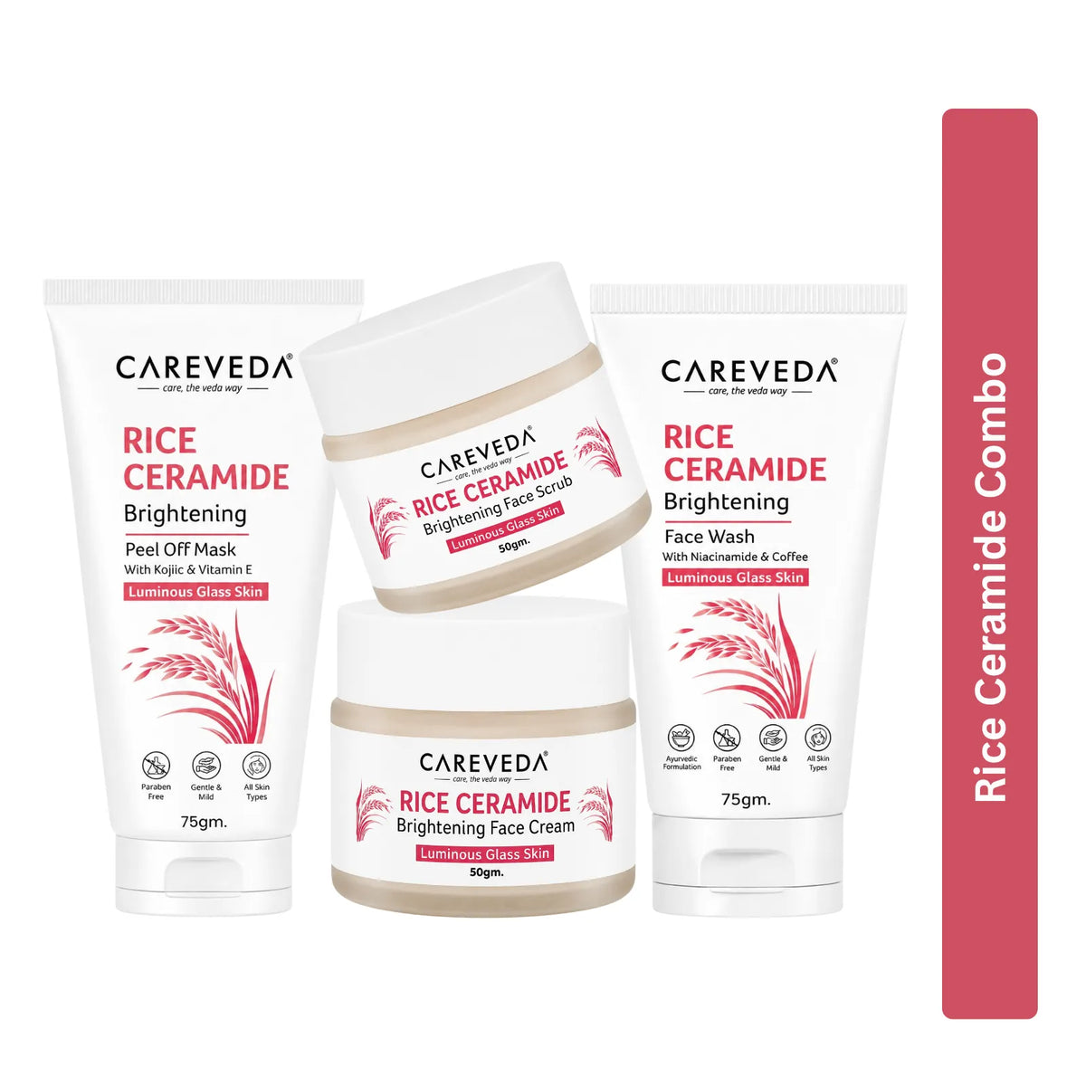 CareVeda Korean Glass Skin 4-Step Skincare Combo | Face Wash, Face Scrub, Face Cream & Peel Off Mask | Rice Ceramide Daily Glow Routine