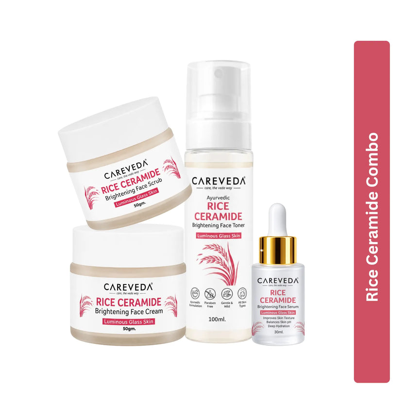 CareVeda Korean Glass Skin 4-Step Skincare Combo | Face Scrub, Face Serum, Face Cream & Face Toner | Rice Ceramide Daily Glow Routine