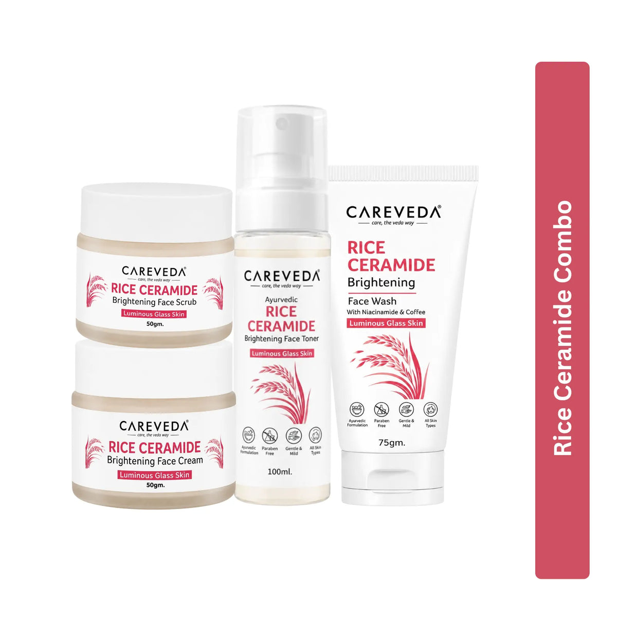 CareVeda Korean Glass Skin 4-Step Skincare Combo | Face Wash, Face Scrub, Face Cream & Face Toner | Rice Ceramide Daily Glow Routine