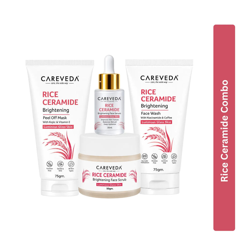 CareVeda Korean Glass Skin 4-Step Skincare Combo | Face Wash, Face Scrub, Face Serum & Peel Off Mask | Rice Ceramide Daily Glow Routine