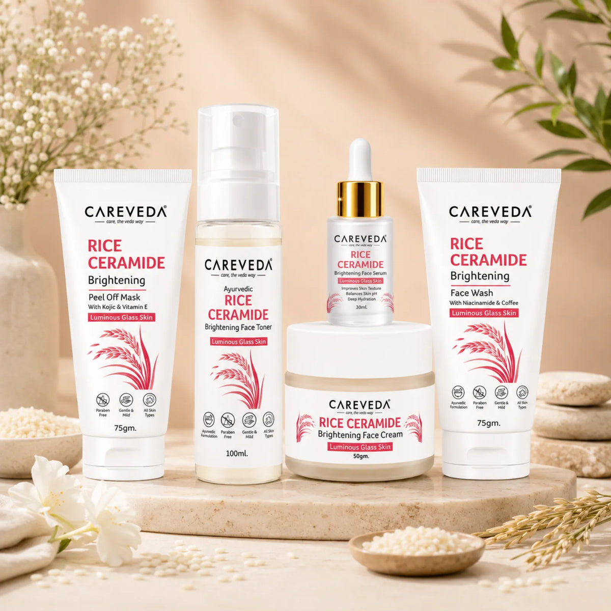 CareVeda Korean Glass Skin 5-Step Skincare Combo | Face Wash, Face Serum, Face Cream, Face Toner & Peel Off Mask | Rice Ceramide Daily Glow Routine